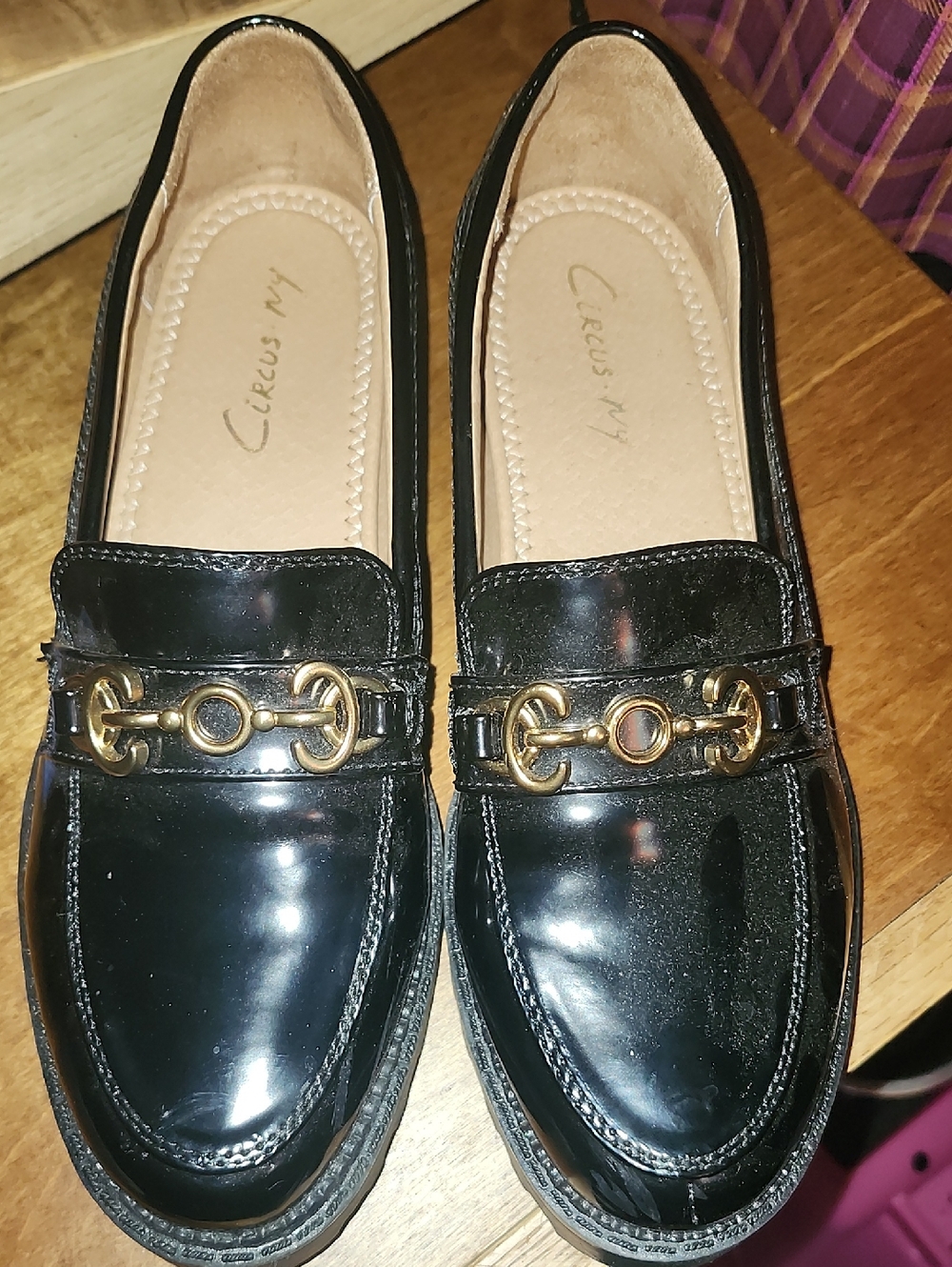 Circus by Sam Edelman Black Patent Loafers with Gold Bit